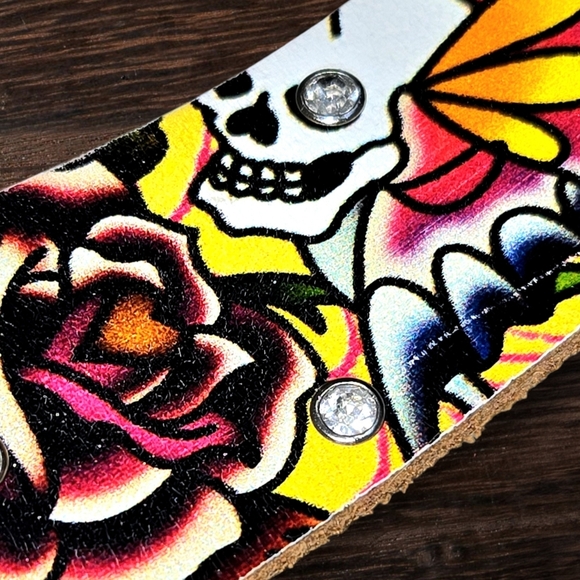 Ed Hardy genuine leather belt skull & rose Tattoo w Rhinestones Sz S/ 26-32" - Picture 7 of 9